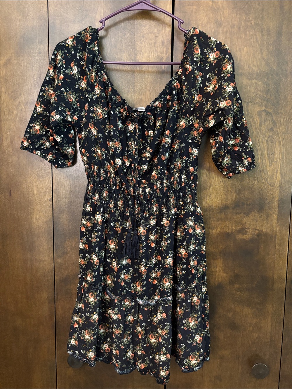 Black Floral Smocked-Waist Midi Dress with Puff Sleeves